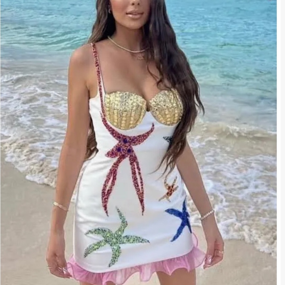 Size L White Sequin Starfish Mini Dress